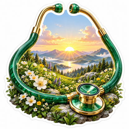 Mountain Sunrise within Green Curved Tubes Vinyl Decal Stickers