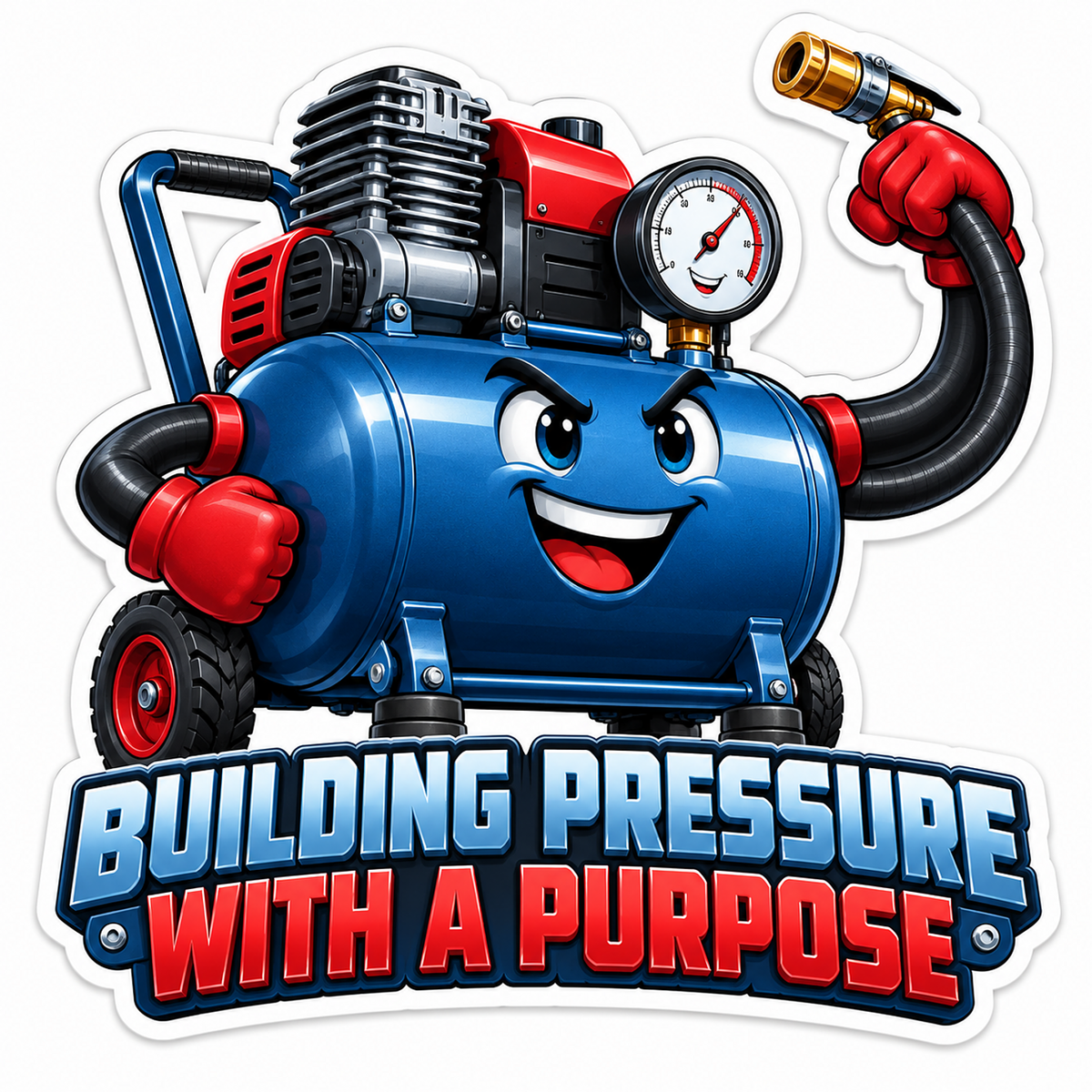 Smiling Blue Air Compressor with Red Gloves Vinyl Decal Stickers