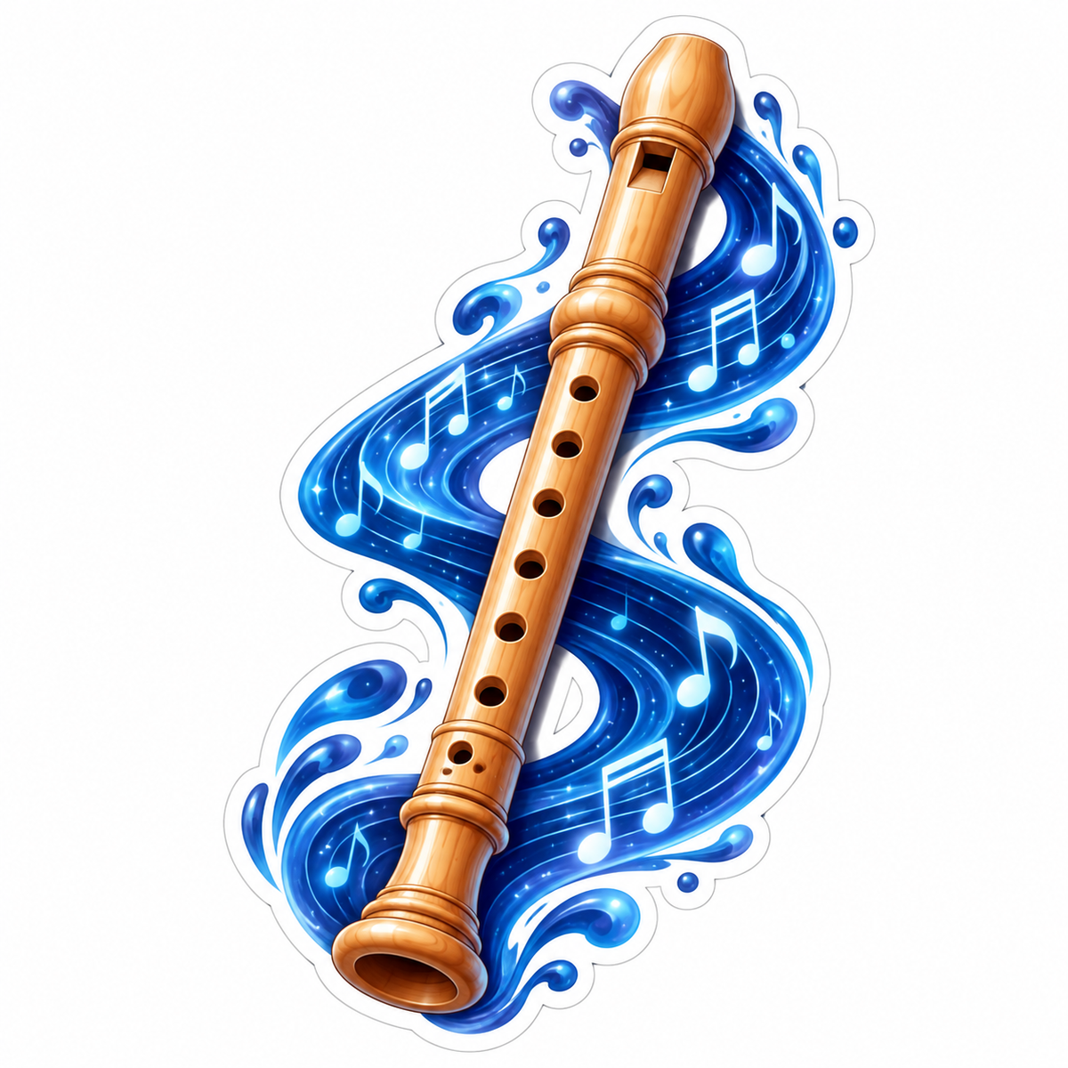 Wooden Recorder and Flowing Blue Music Art Vinyl Decal Stickers