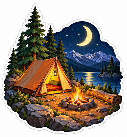 Orange Tent beside Moonlit Lake Campfire Vinyl Decal Stickers