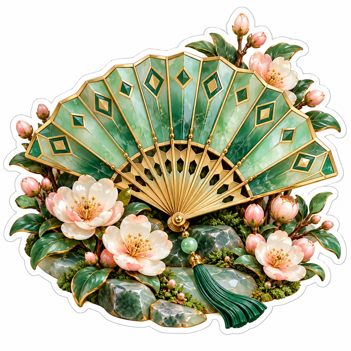Green Gold Folding Fan With Pink Blossoms Art Vinyl Decal Stickers