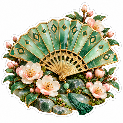 Green Gold Folding Fan With Pink Blossoms Art Vinyl Decal Stickers
