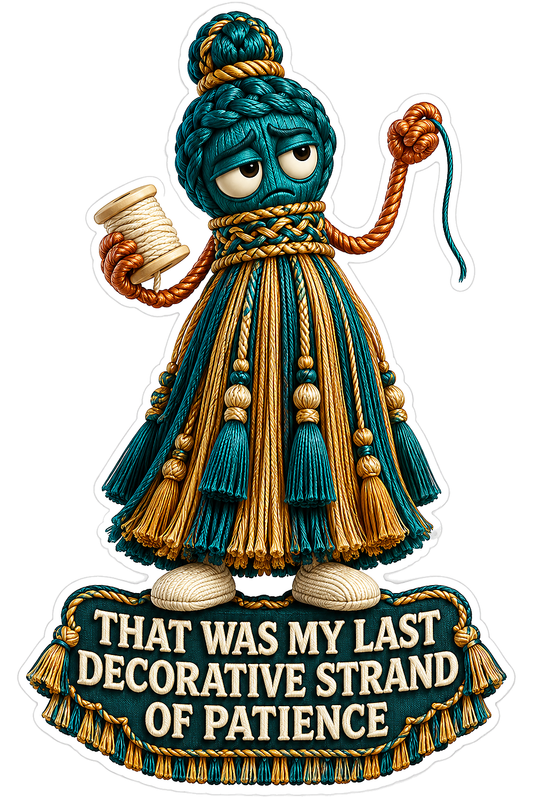Teal and Gold Tassel Character Holding a Spool Vinyl Decal Stickers