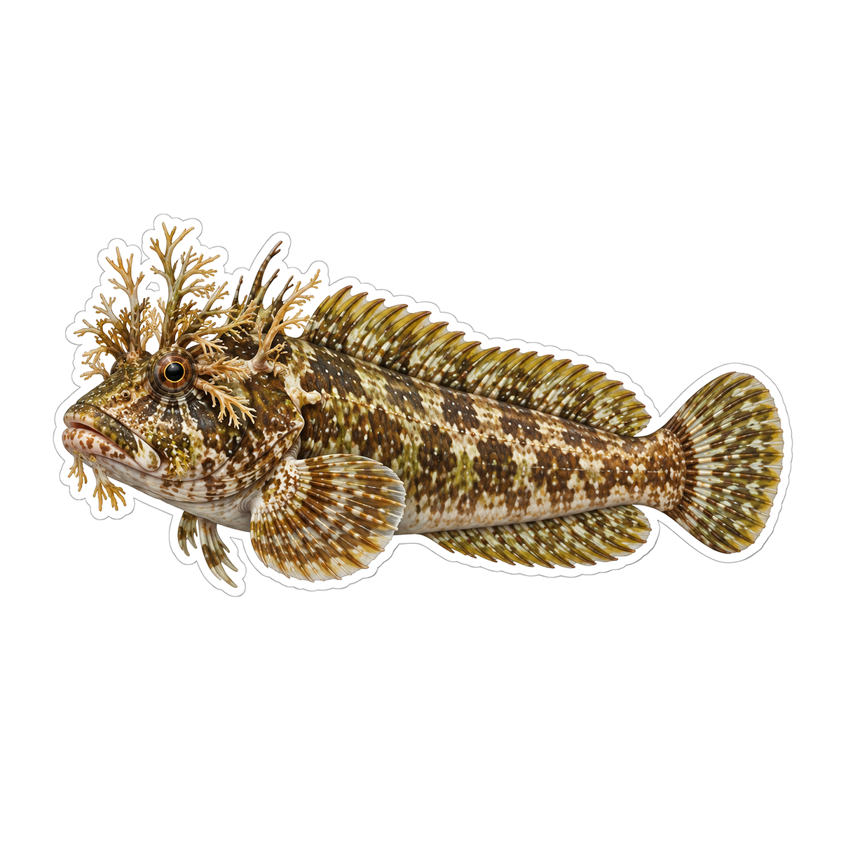 Mottled Olive Fish with Branching Head Fronds Vinyl Decal Stickers