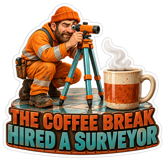 Surveyor beside a Large Steaming Coffee Mug Vinyl Decal Stickers