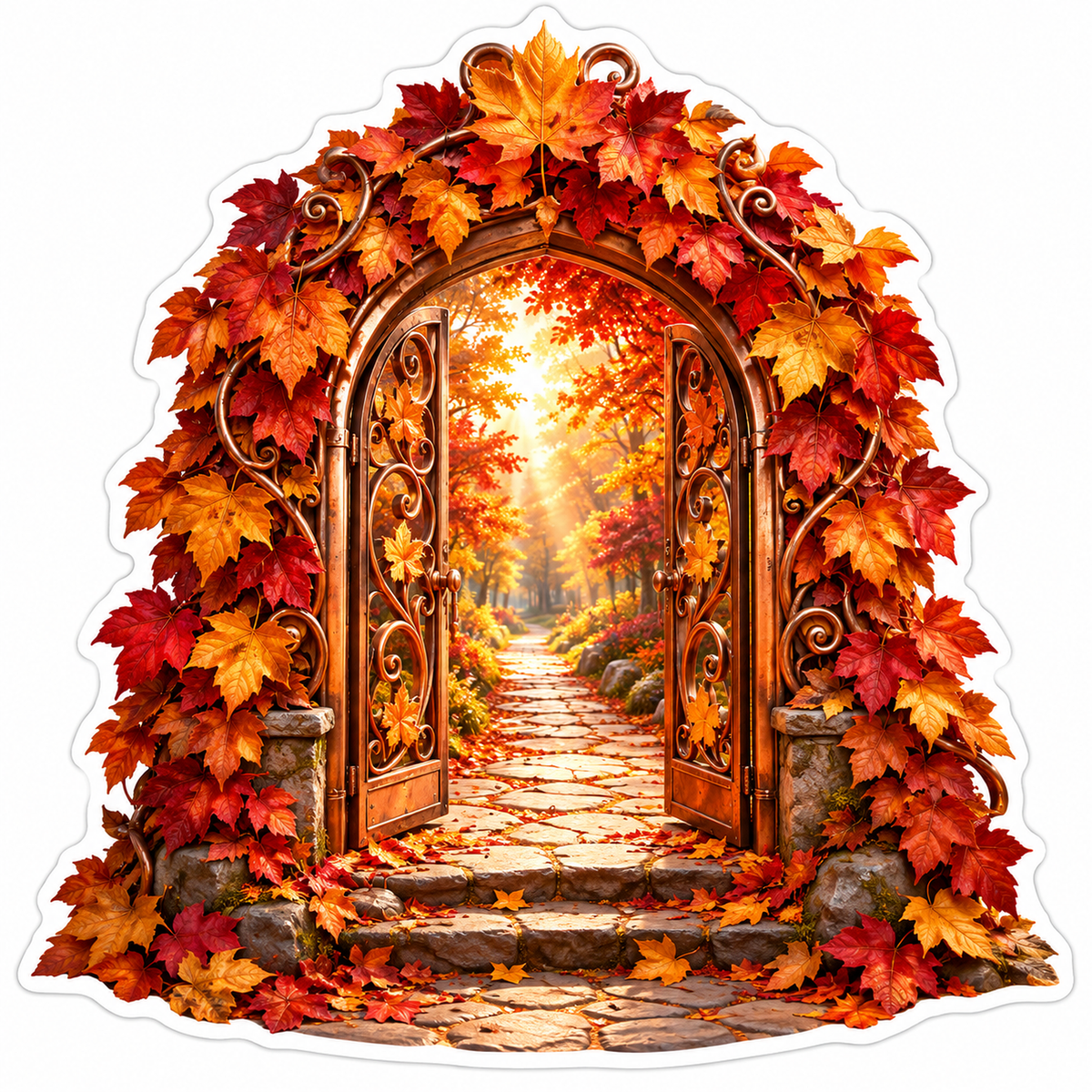 Open Garden Gate Framed by Autumn Leaves Vinyl Decal Stickers