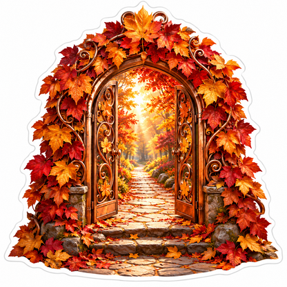 Open Garden Gate Framed by Autumn Leaves Vinyl Decal Stickers