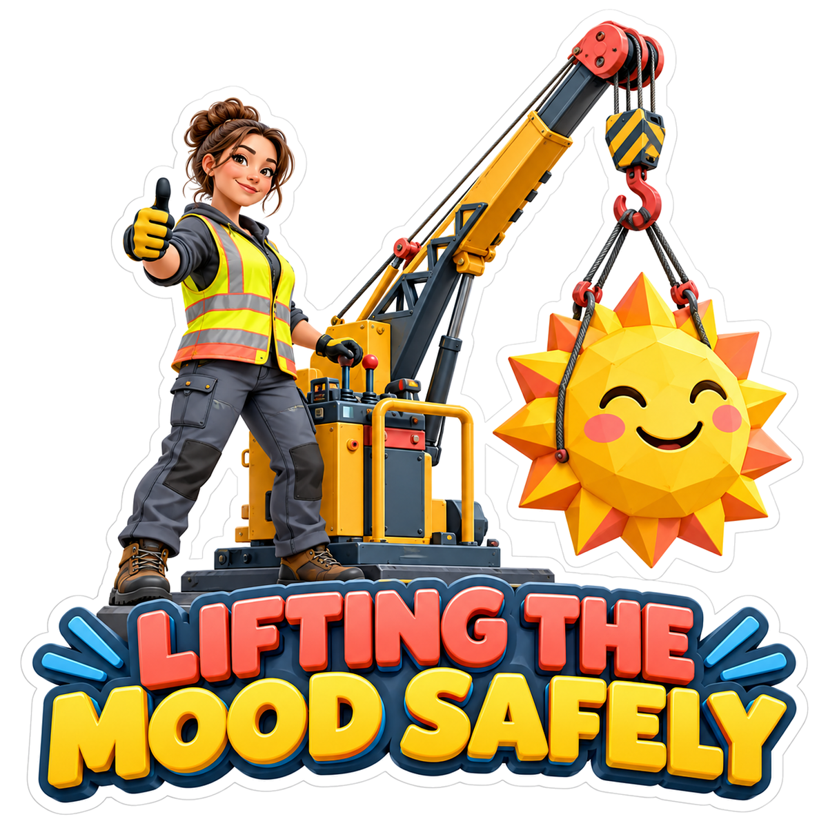 Crane Operator Lifting a Smiling Golden Sun Vinyl Decal Stickers