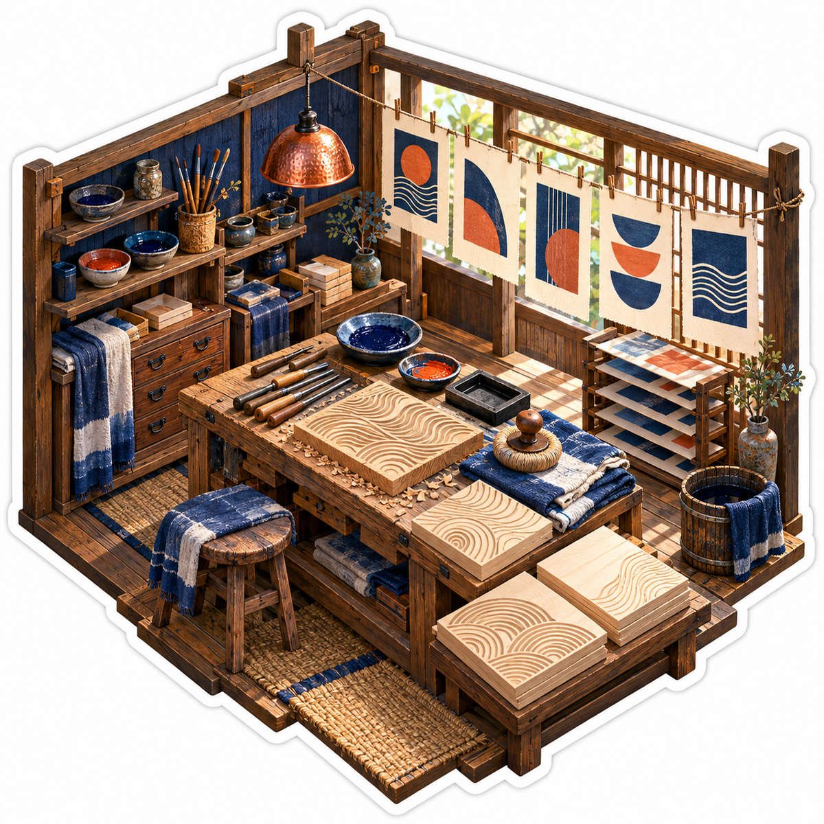Woodblock Print Workshop with Blue Art Sheets Vinyl Decal Stickers