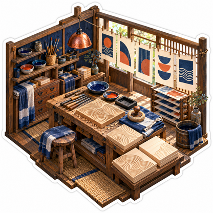 Woodblock Print Workshop with Blue Art Sheets Vinyl Decal Stickers