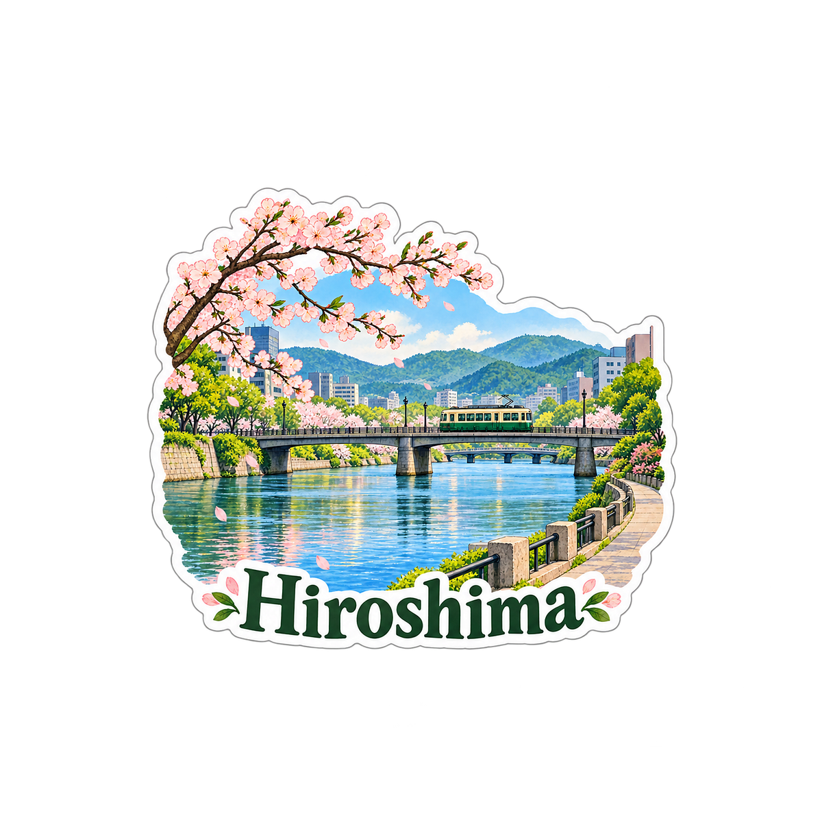 Hiroshima Cherry Blossoms and River Tram Art Vinyl Decal Stickers