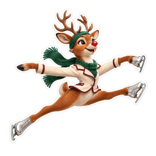 Leaping Reindeer in White Coat on Ice Skates Art Vinyl Decal Stickers