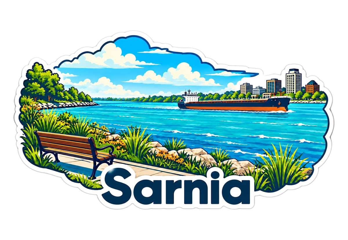 Sarnia Riverfront Bench and Distant Ship Vinyl Decal Stickers