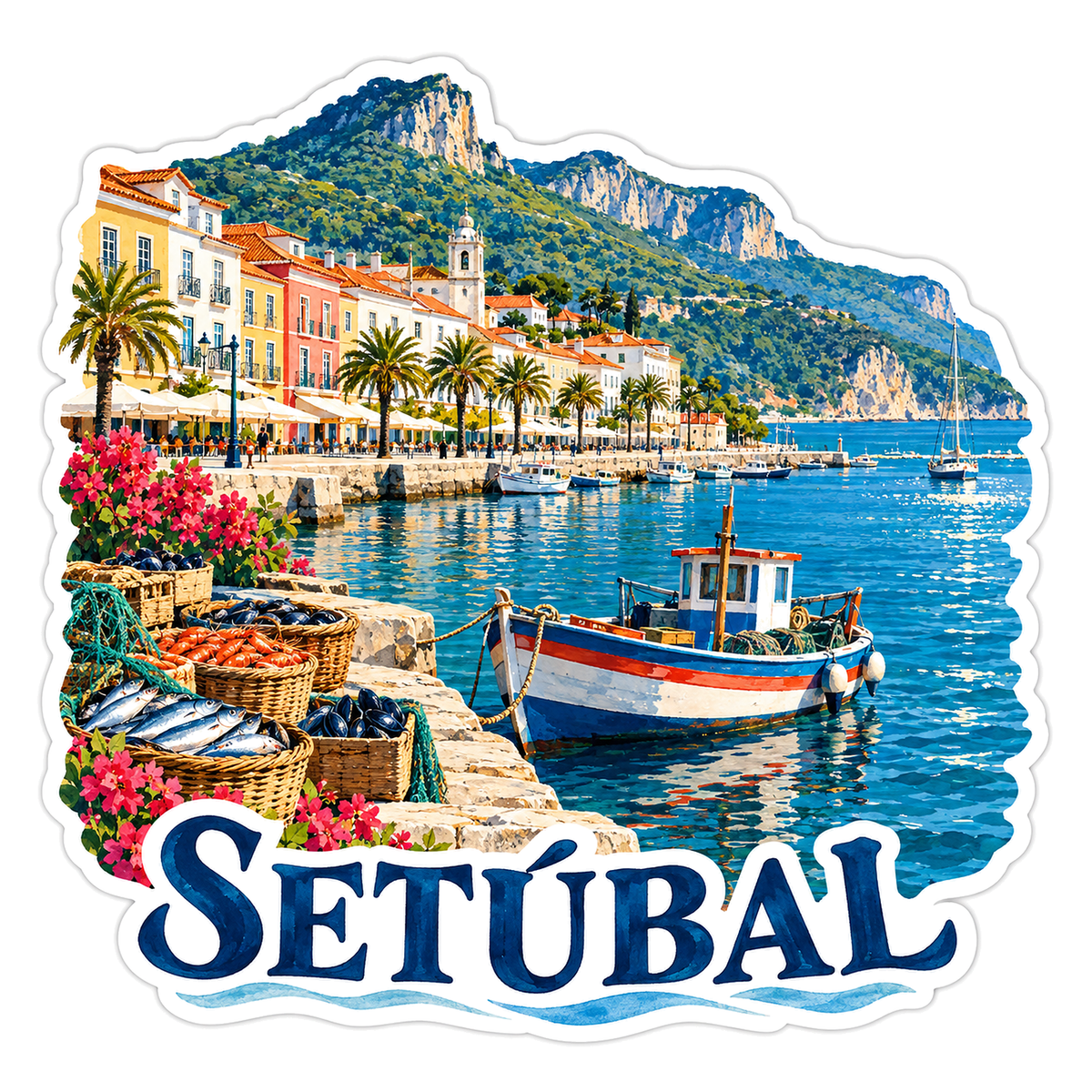 Setubal Harbor Fishing Boat Scene Vinyl Decal Stickers