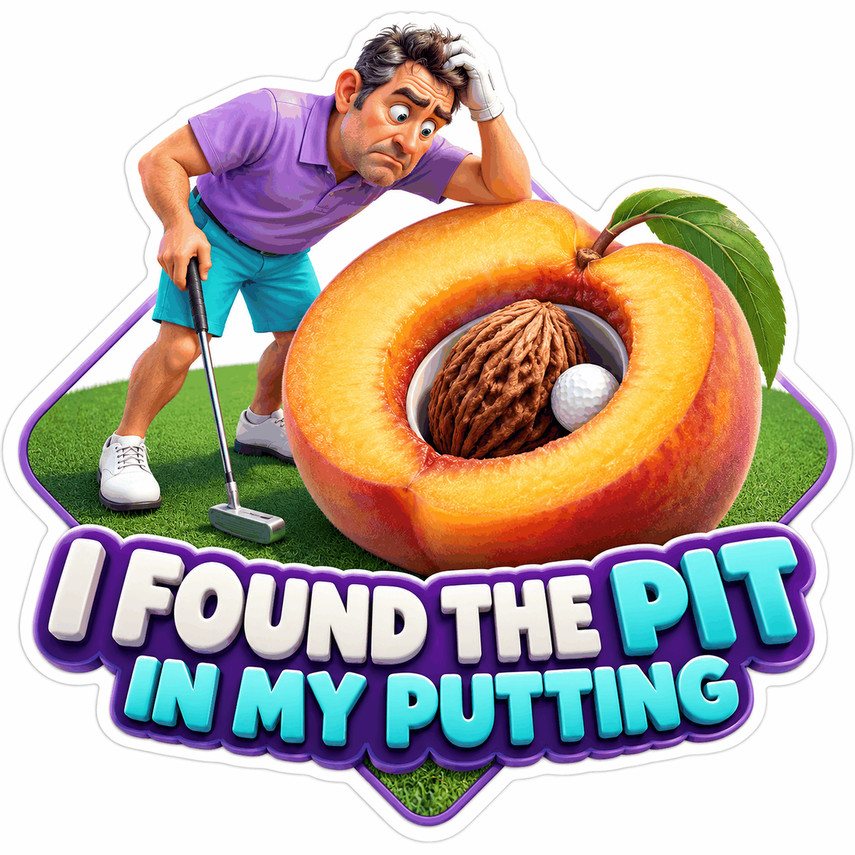 Golfer beside Giant Peach with Golf Ball Vinyl Decal Stickers