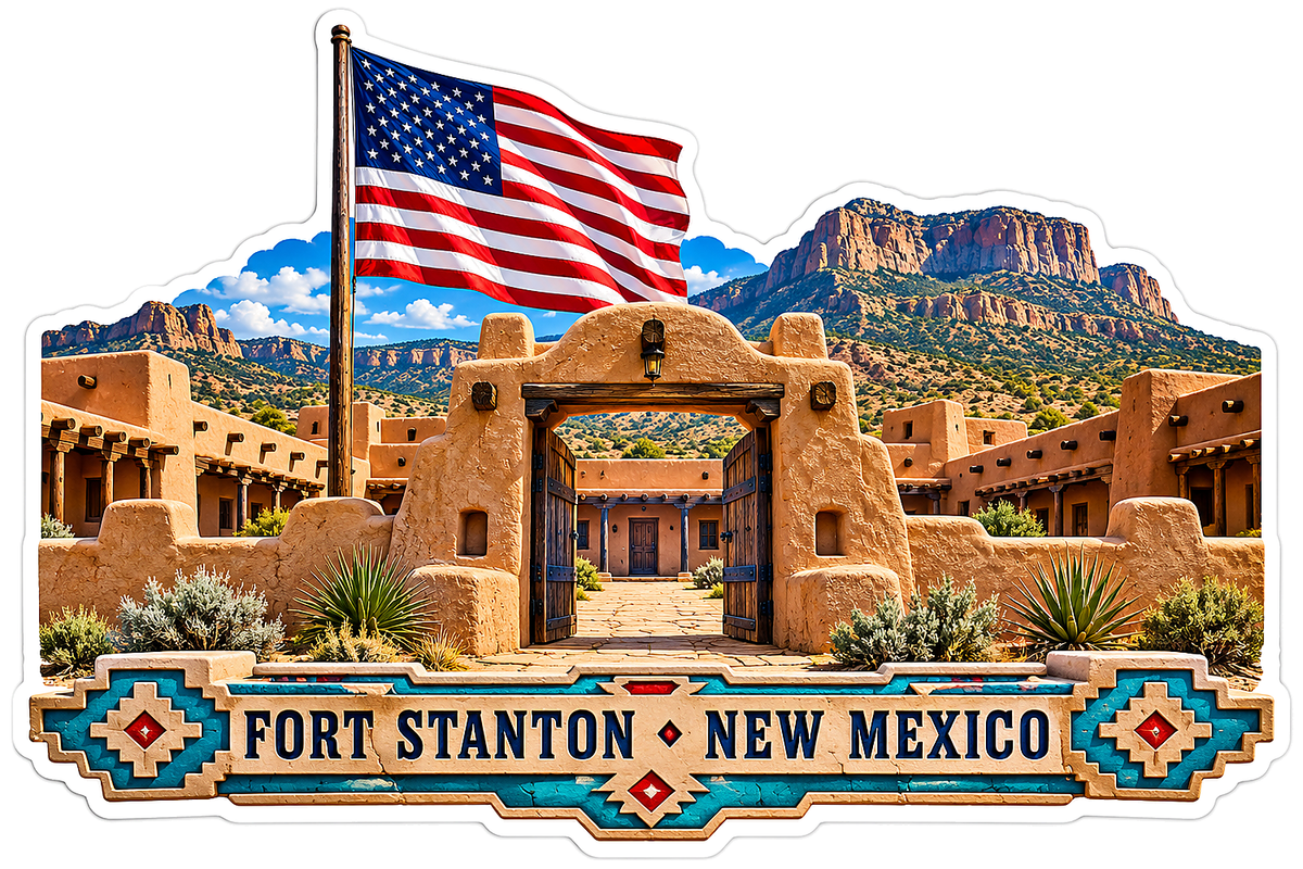 New Mexico Adobe Fort and US Flag Art Vinyl Decal Stickers
