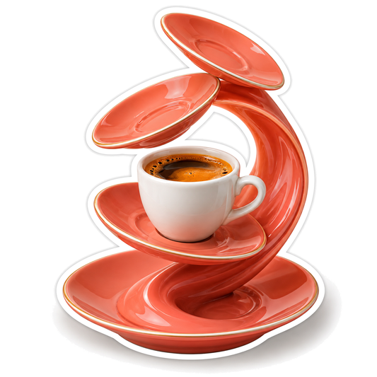 White Coffee Cup on Curved Coral Saucers Vinyl Decal Stickers