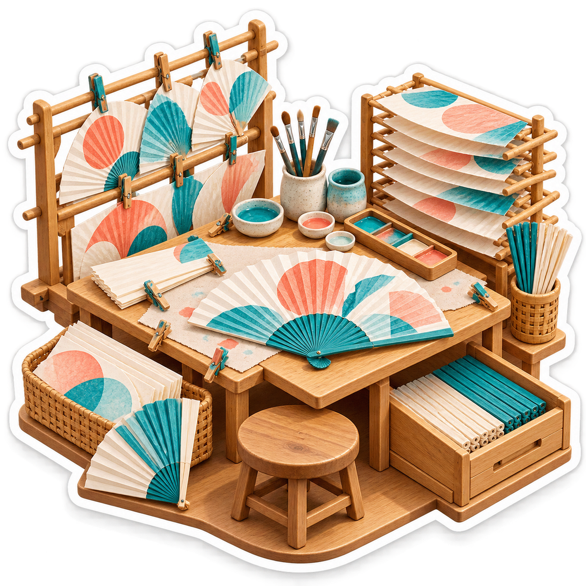 Teal Coral Folding Fan Craft Workbench Vinyl Decal Stickers