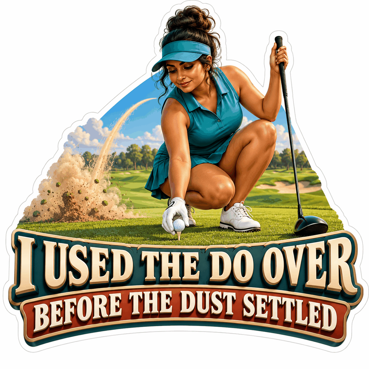 Woman Golfer Placing Ball in Dust Cloud Vinyl Decal Stickers