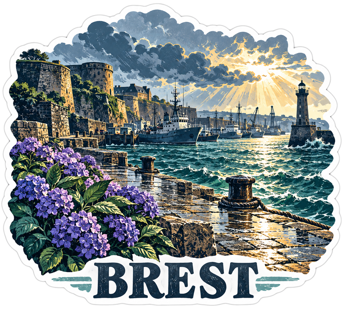 Brest Stone Harbor and Purple Hydrangeas Vinyl Decal Stickers