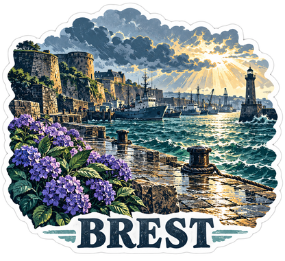Brest Stone Harbor and Purple Hydrangeas Vinyl Decal Stickers