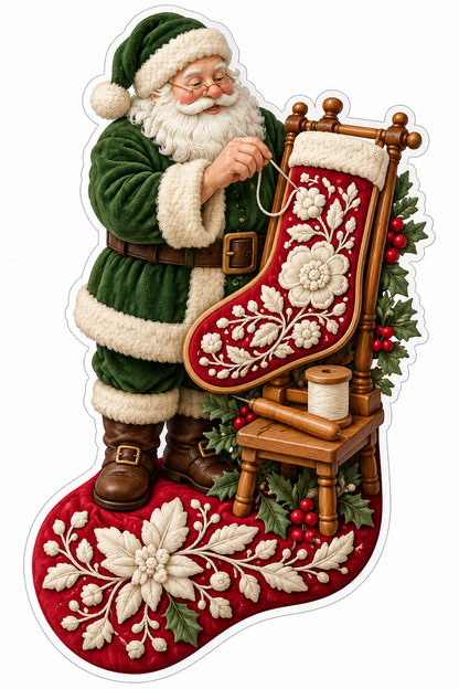 Green Coat Santa Stitching a Red Floral Stocking Vinyl Decal Stickers