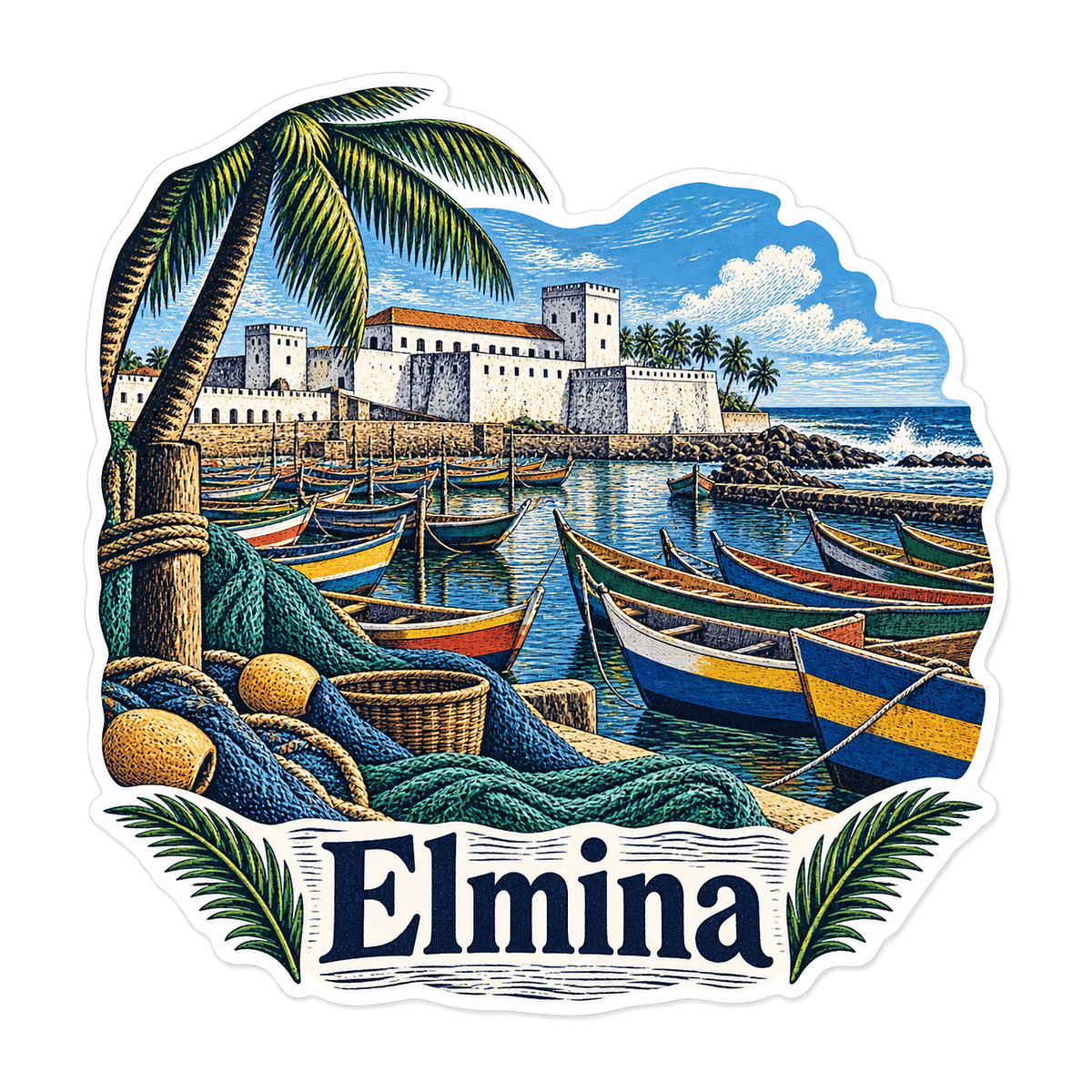 Elmina Colorful Boats below White Castle Art Vinyl Decal Stickers