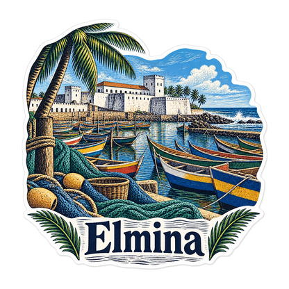 Elmina Colorful Boats below White Castle Art Vinyl Decal Stickers