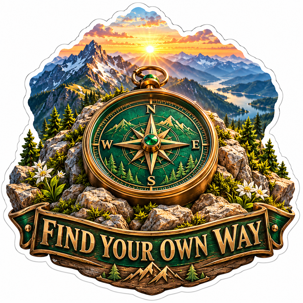 Mountain Sunrise Compass Find Your Way Art Vinyl Decal Stickers