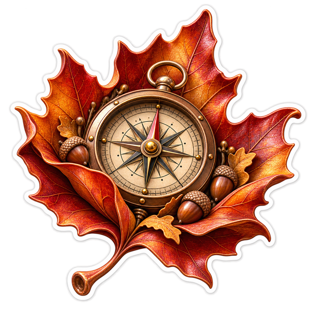 Bronze Compass on Red Maple Leaf Vinyl Decal Stickers