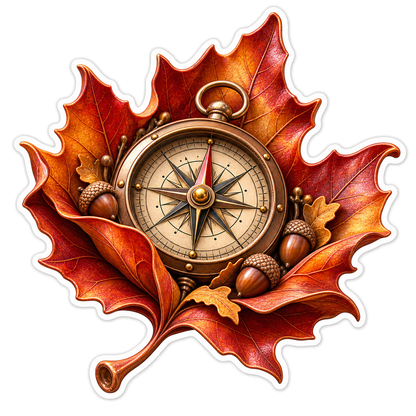 Bronze Compass on Red Maple Leaf Vinyl Decal Stickers