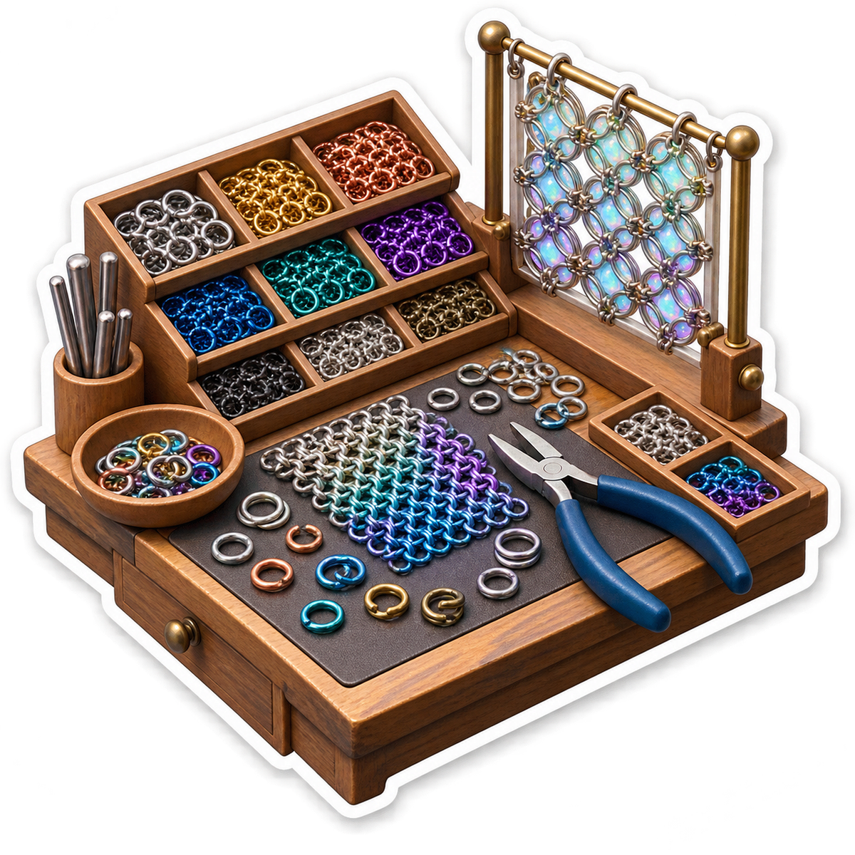 Colorful Metal Ring Weaving Bench and Pliers Vinyl Decal Stickers