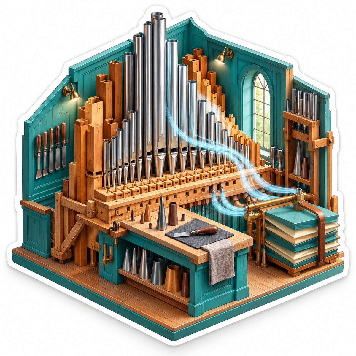 Teal Pipe Organ Workshop Miniature Art Vinyl Decal Stickers