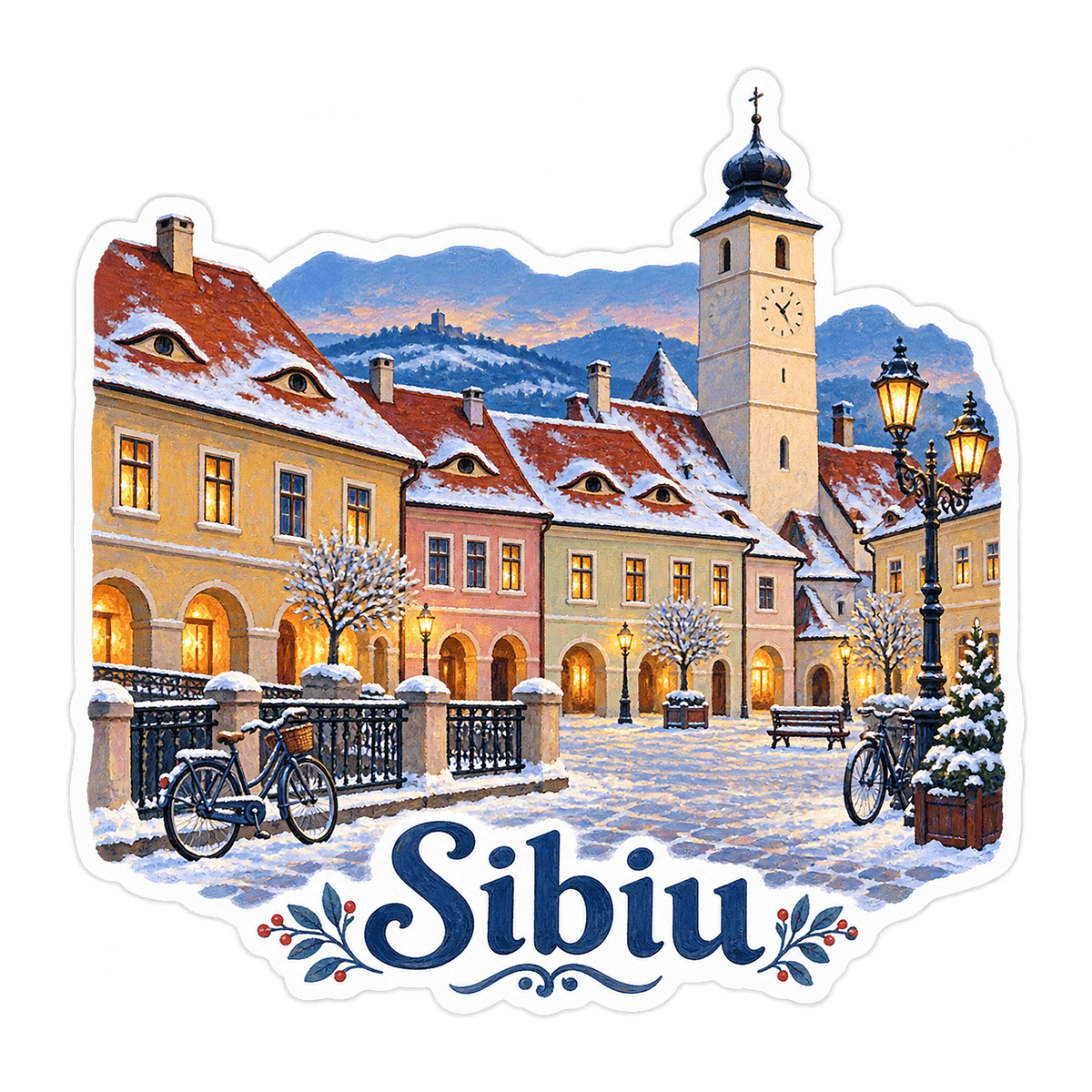 Sibiu Snowy Square and Clock Tower Art Vinyl Decal Stickers