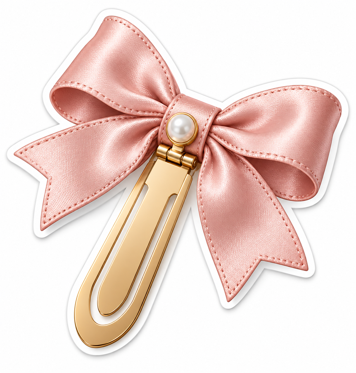 Pink Satin Bow and Pearl on Gold Paper Clip Vinyl Decal Stickers