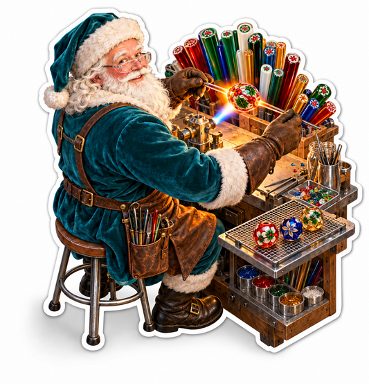 Teal Coat Santa Making Colorful Glass Beads Vinyl Decal Stickers