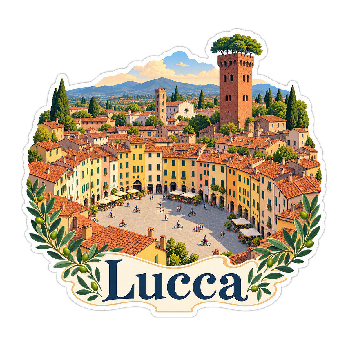 Lucca Oval Piazza and Tree Topped Tower Art Vinyl Decal Stickers