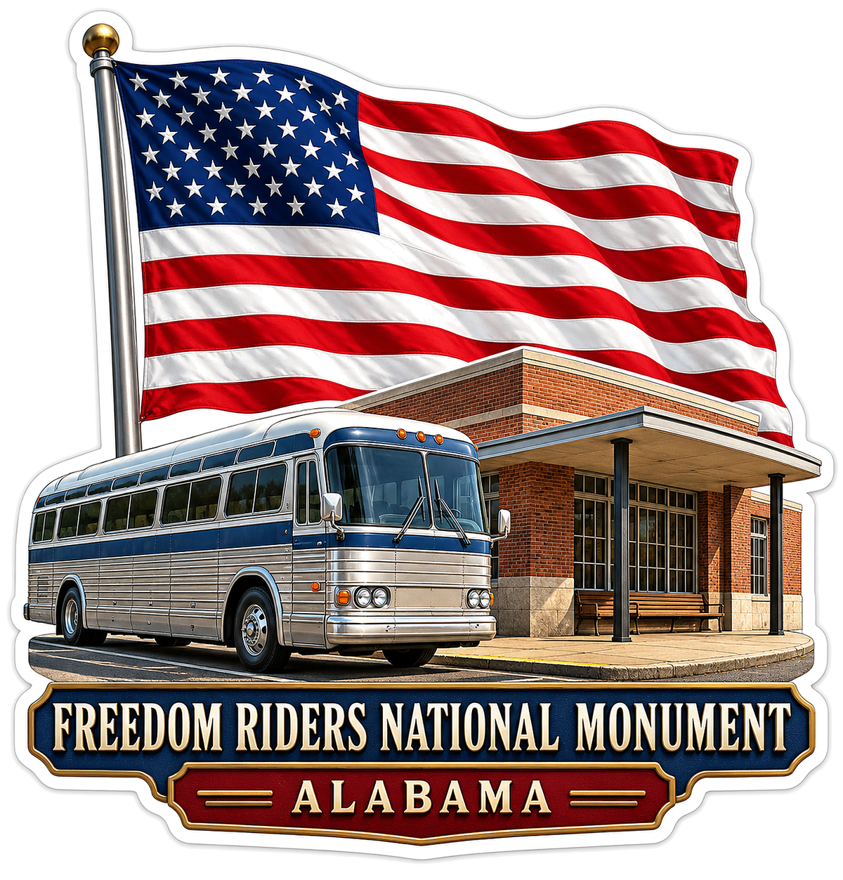 Alabama Historic Bus with US Flag Art Vinyl Decal Stickers