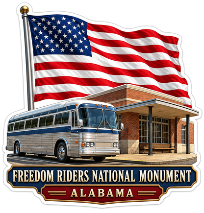 Alabama Historic Bus with US Flag Art Vinyl Decal Stickers