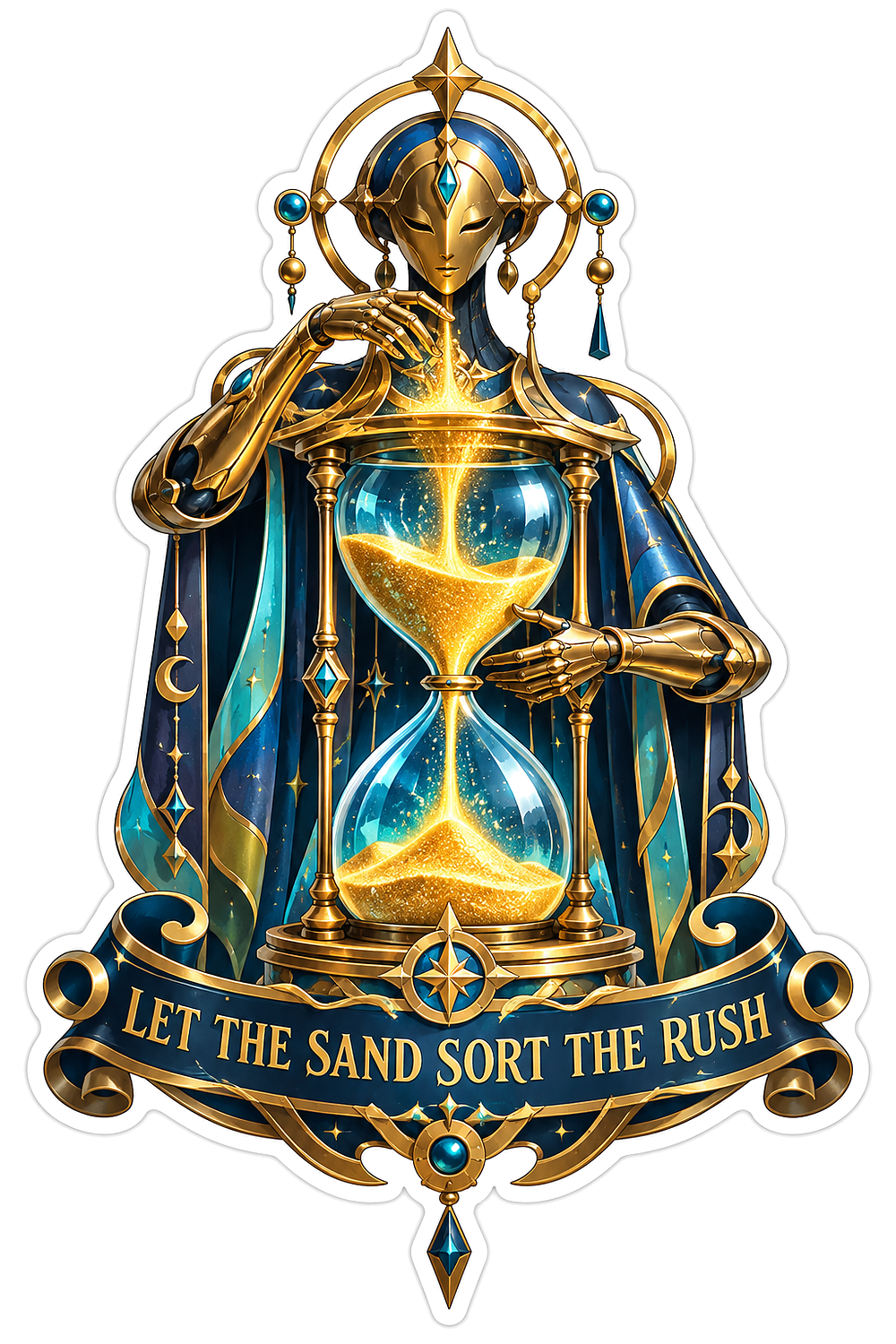 Teal Gold Robed Figure Holding Hourglass Vinyl Decal Stickers