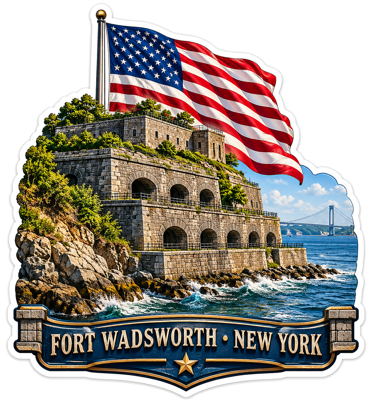 Fort Wadsworth New York American Flag Scene Vinyl Decal Stickers