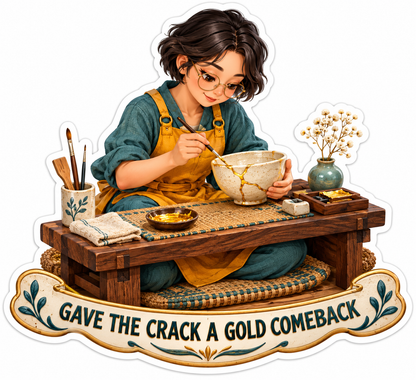Woman Repairing Bowl with Gold Lines Art Vinyl Decal Stickers