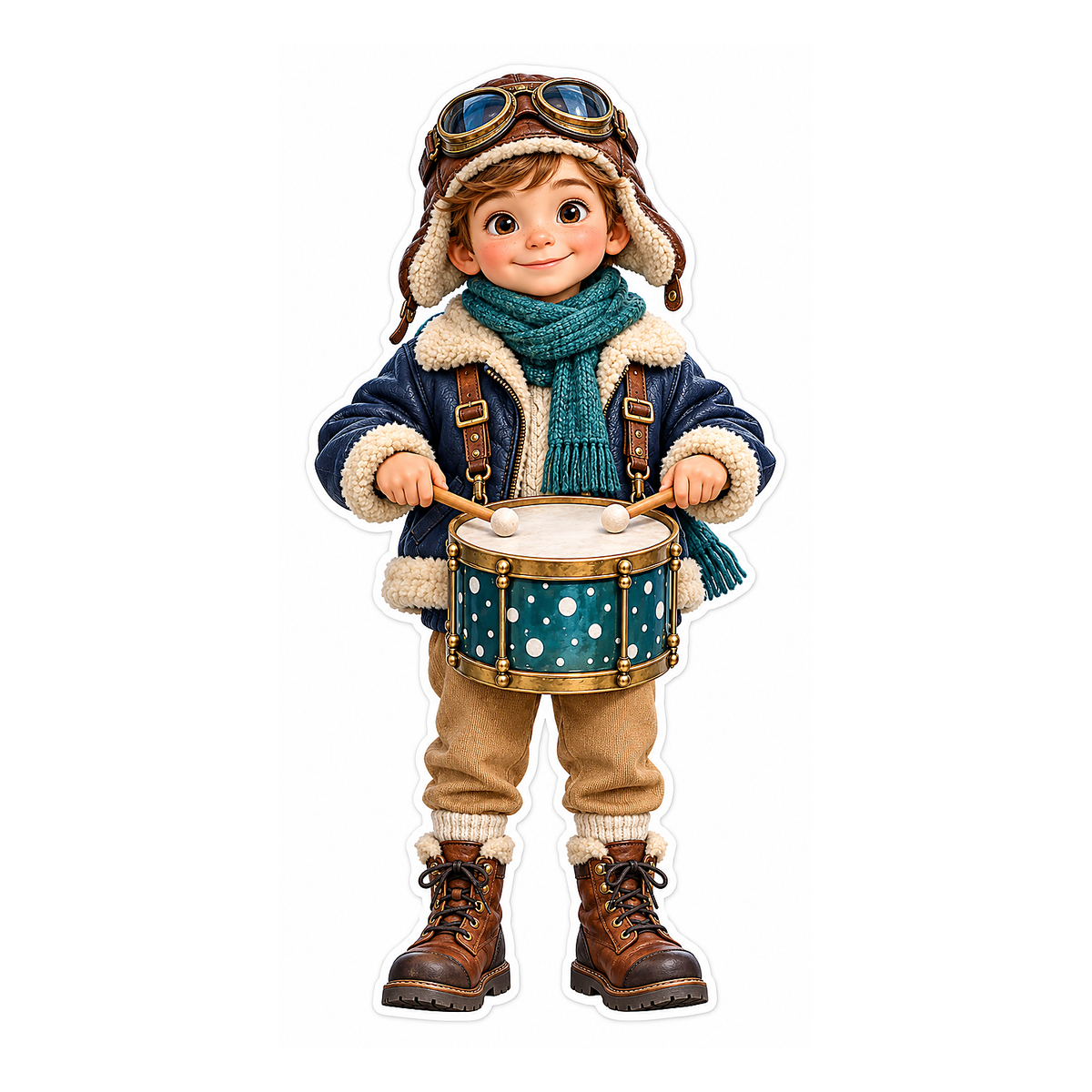 Child Drummer in Aviator Hat and Scarf Vinyl Decal Stickers