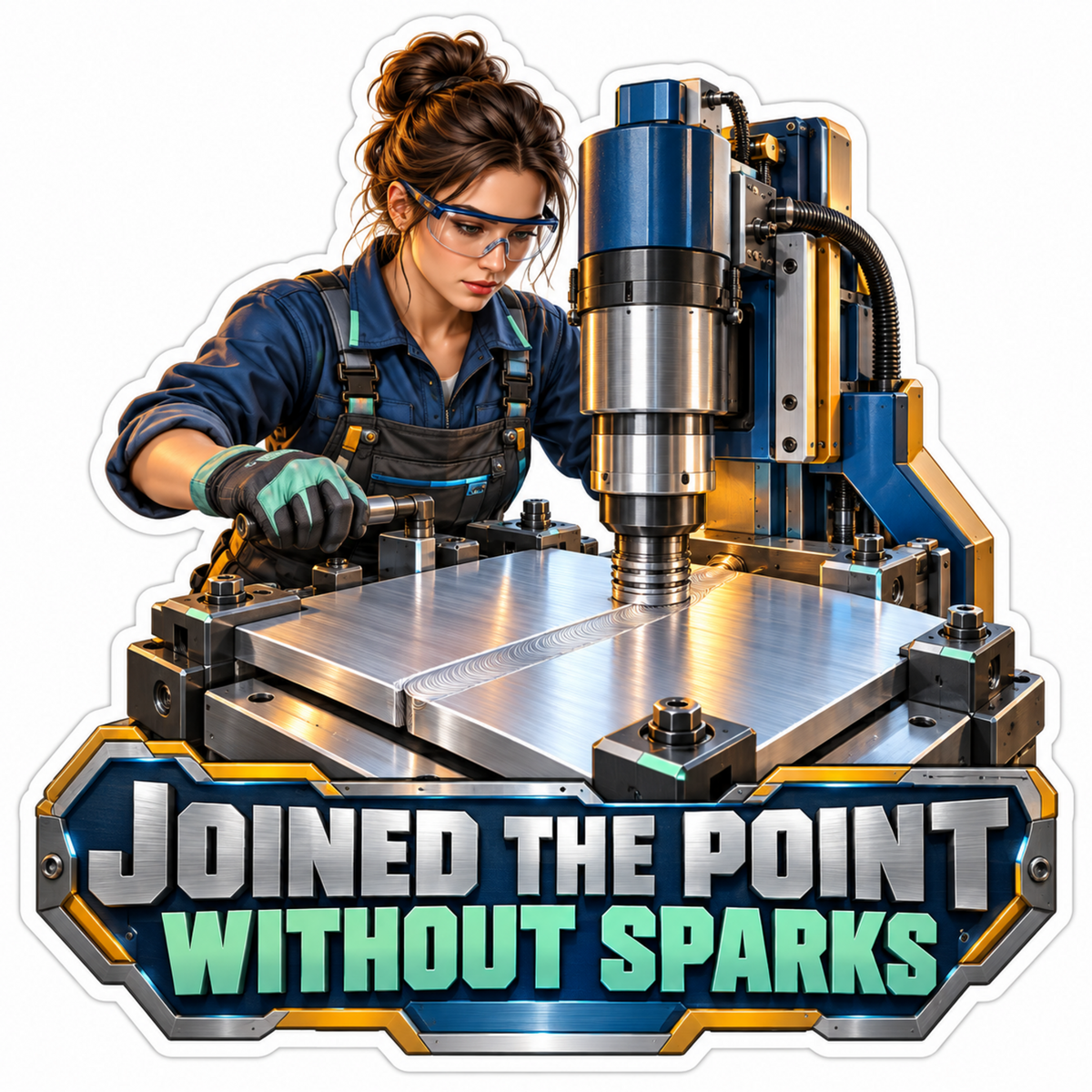 Woman Working Metal Plate under Blue Machine Art Vinyl Decal Stickers