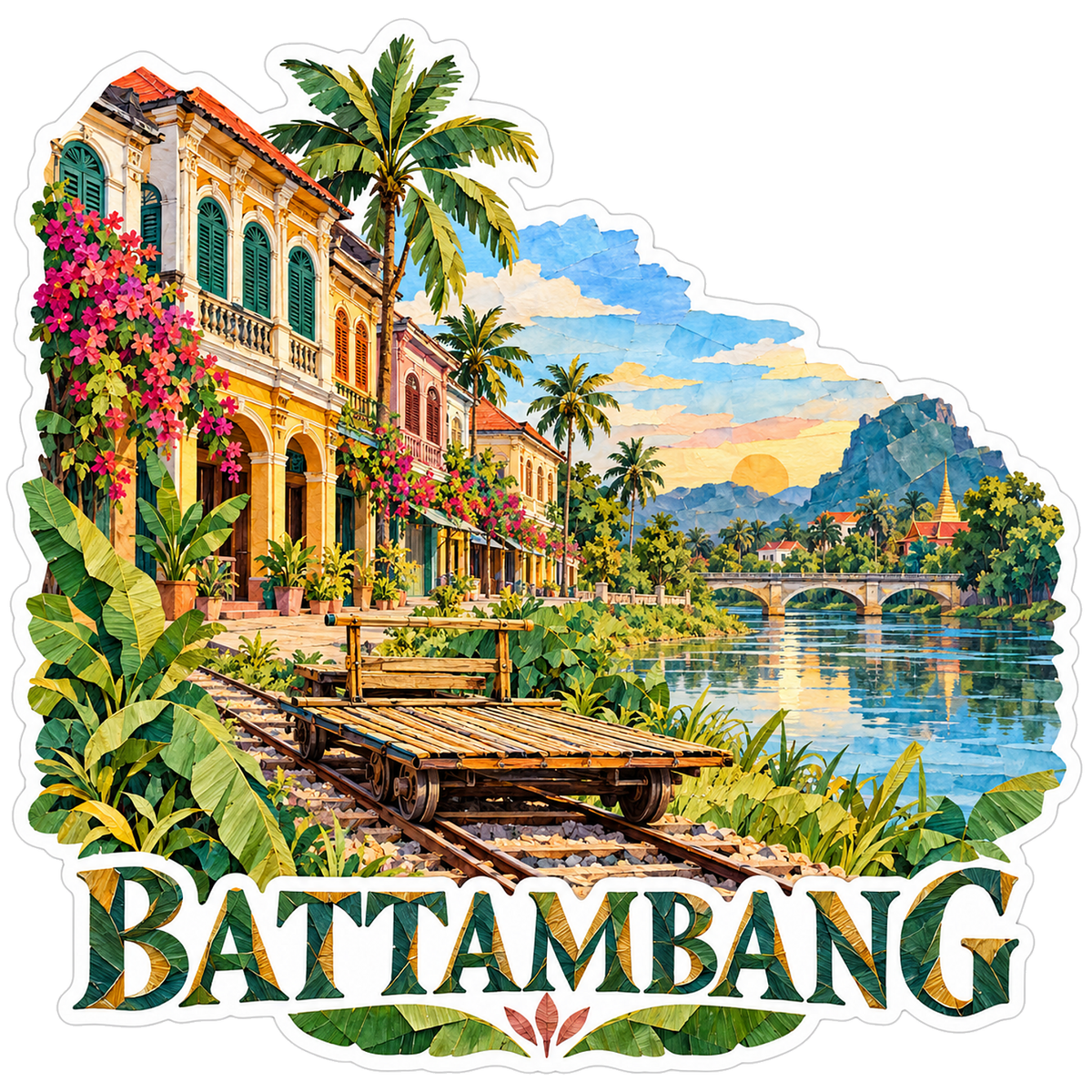 Battambang Riverfront and Bamboo Rail Art Vinyl Decal Stickers
