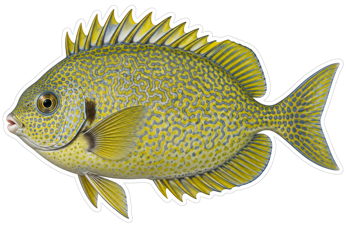 Yellow Green Fish with Wavy Blue Marks Art Vinyl Decal Stickers