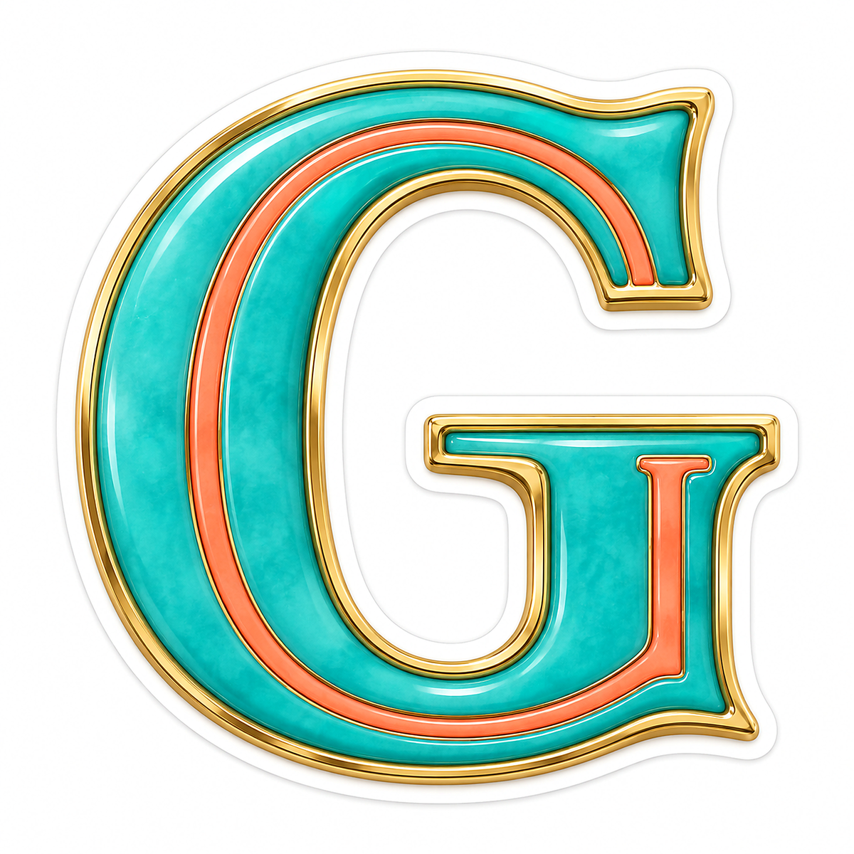 Aquamarine Coral Gold Border Letter G Vinyl Decal Stickers