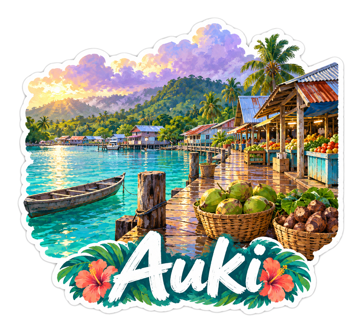 Auki Tropical Harbor Market and Wooden Canoe Vinyl Decal Stickers