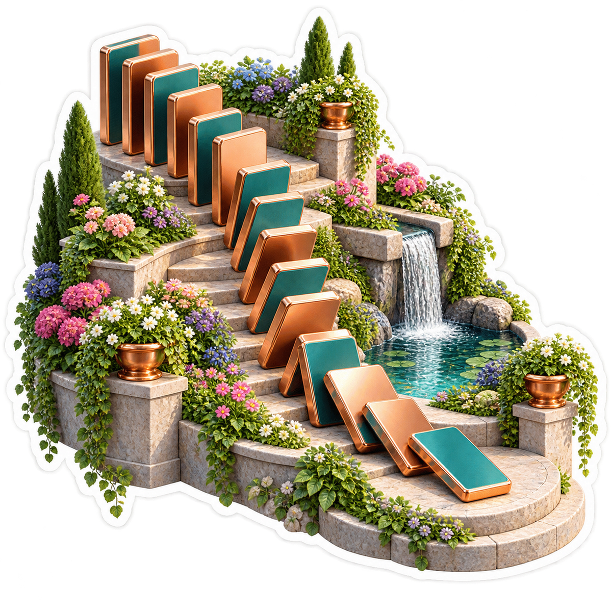 Toppling Tiles above Tiered Garden Waterfalls Vinyl Decal Stickers