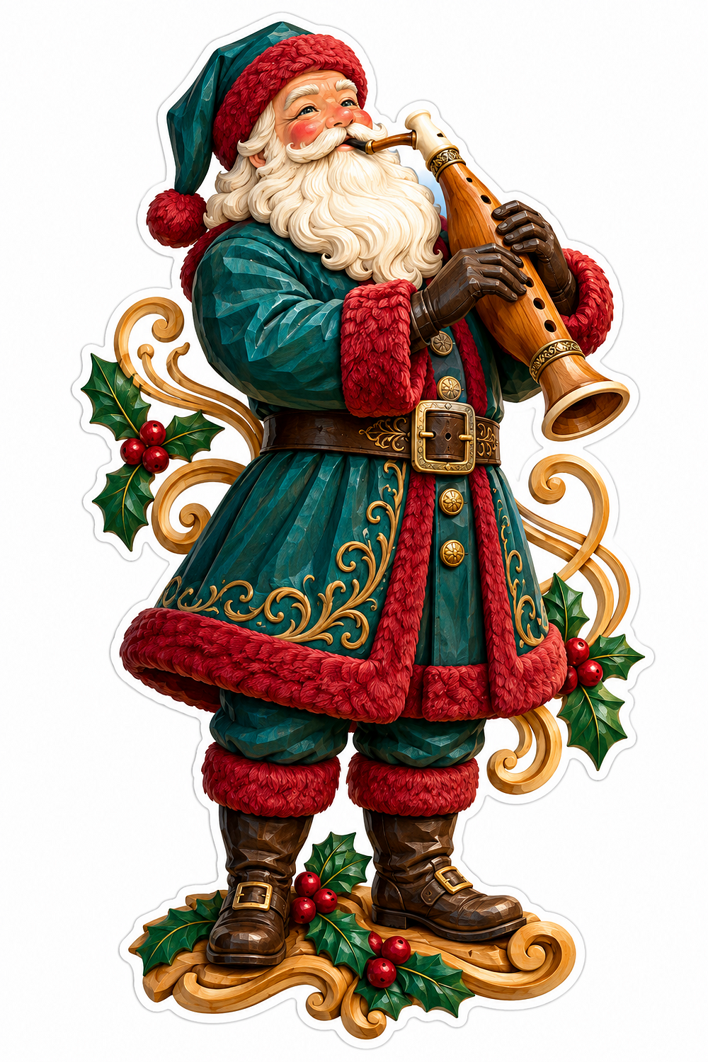 Teal Coat Santa Playing a Twin Wooden Pipe Vinyl Decal Stickers